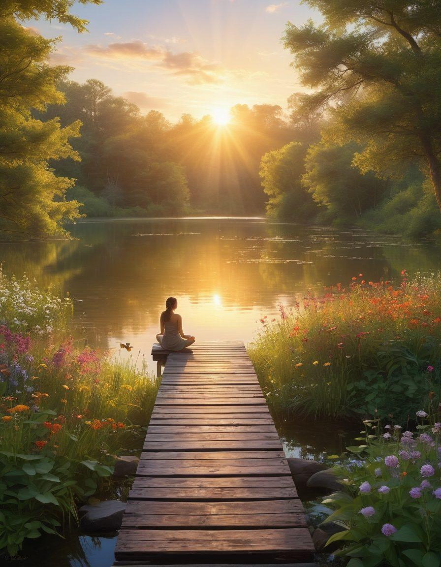 A serene landscape featuring a peaceful sunrise over a calm lake, with a figure meditating on a small dock, surrounded by lush greenery and wildflowers, embodying peace and tranquility. Soft rays of light highlight the words 'Mindfulness' and 'Gratitude' in an ethereal way, while subtle symbols of happiness like butterflies and smiling suns float around. Emphasizing a sense of inner peace and self-discovery. vibrant colors. super-realistic.