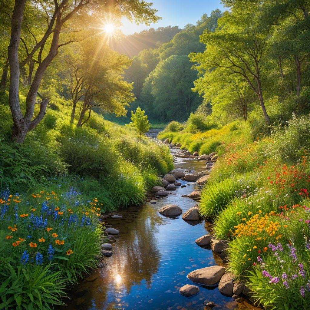 A serene path winding through a lush green forest, with soft sunlight filtering through the leaves, symbolizing a journey to inner peace and joy. Along the path, colorful wildflowers bloom, and a gentle stream flows nearby. A person meditating on a rock by the water, radiating calm energy. The sky is bright and uplifting, evoking a sense of harmony. super-realistic. vibrant colors. tranquil atmosphere.