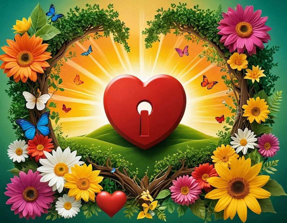 An open key unlocking a radiant heart, surrounded by colorful icons symbolizing happiness hacks like meditation, nature, and laughter. The background features a bright sun shining over a serene landscape with lush greenery and vibrant flowers, creating a sense of peace and fulfillment. The image conveys a feeling of joy and enlightenment. super-realistic. vibrant colors. 3D.